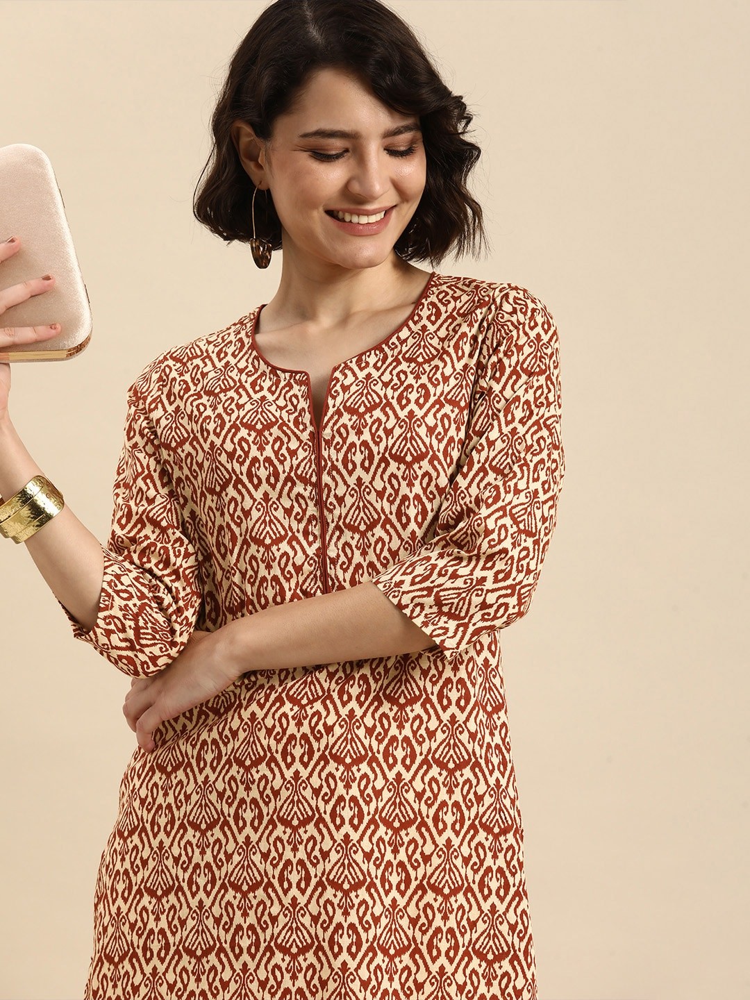 

Anouk Women Brown & Cream-Coloured Ethnic Motifs Printed Kurta