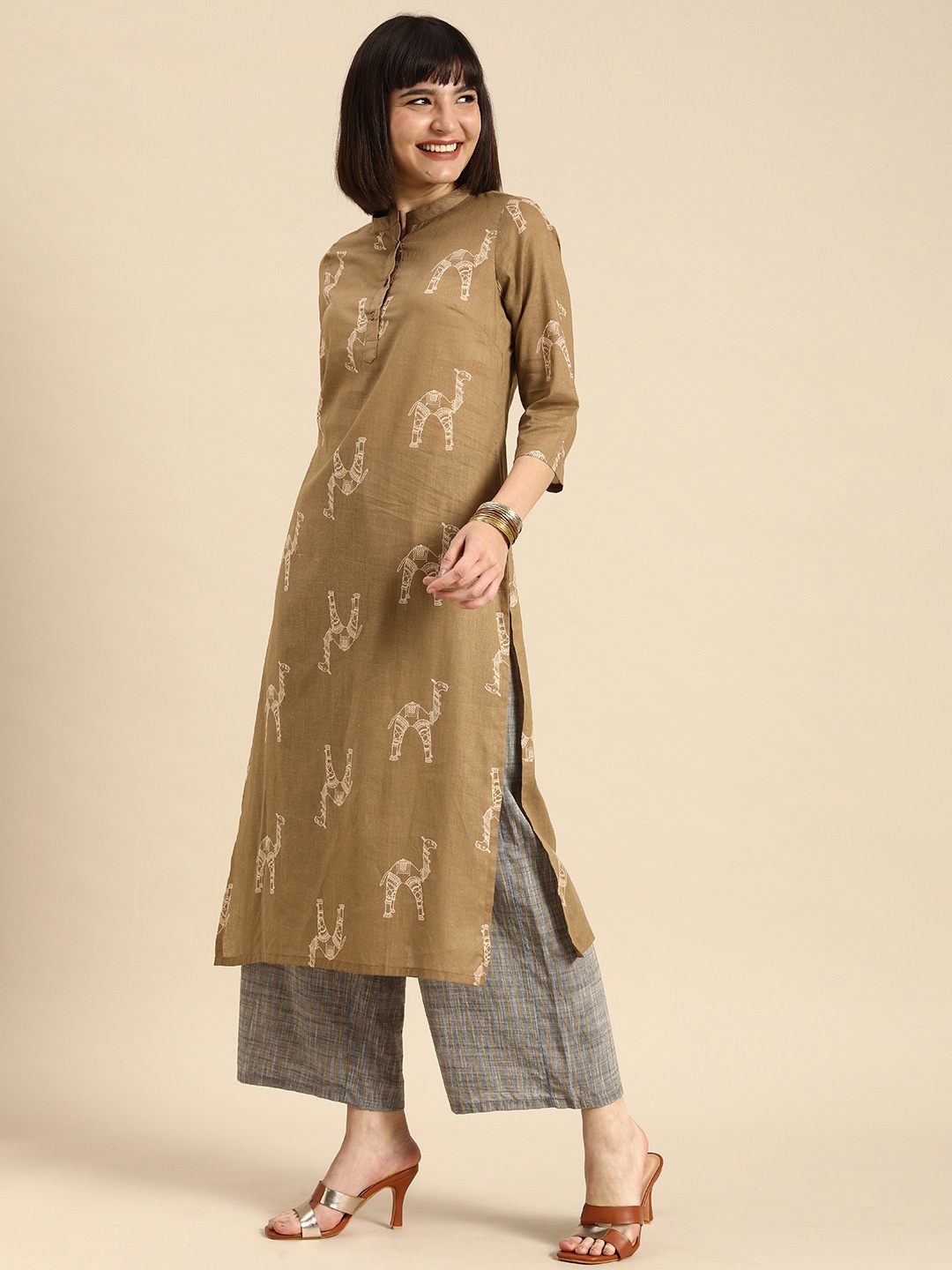 

Anouk Women Camel Brown & White Ethnic Motifs Printed Kurta