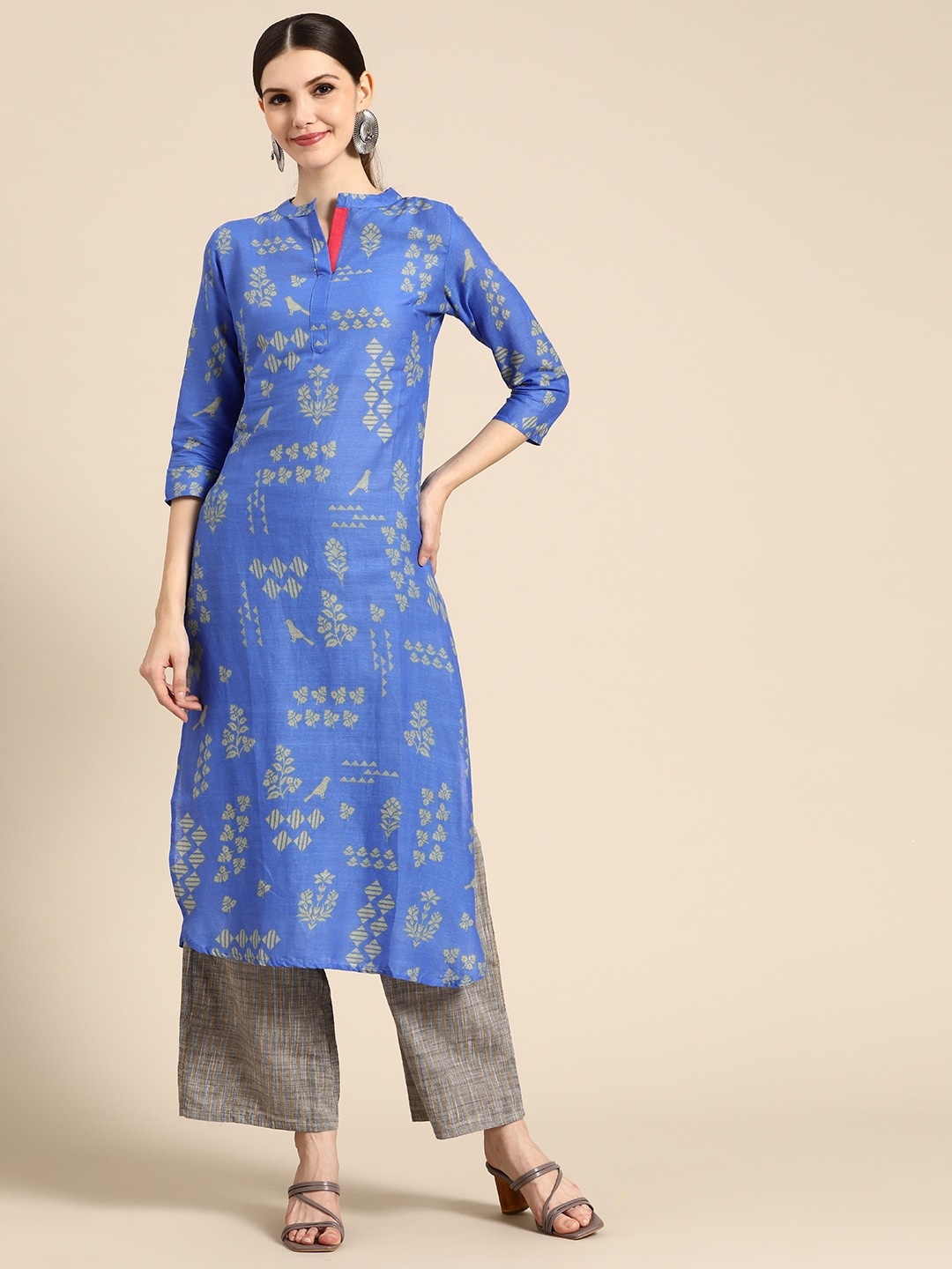 

Anouk Women Blue & Yellow Pure Cotton Ethnic Motifs Printed Kurta