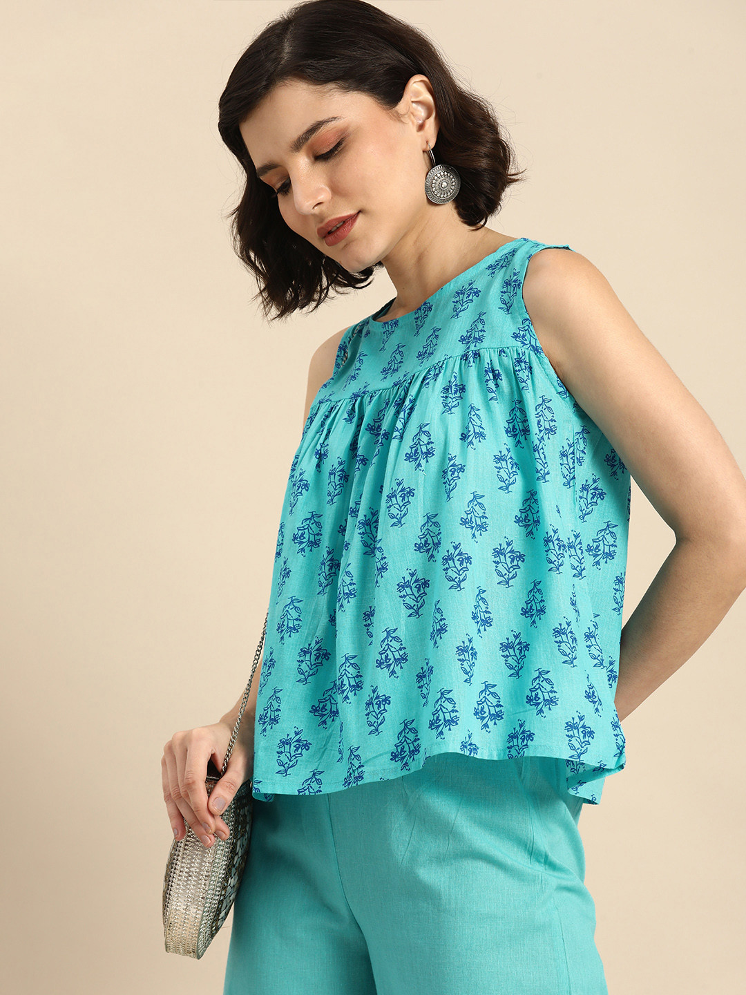 

Anouk Women Blue Floral Printed Pure Cotton Top with Trousers
