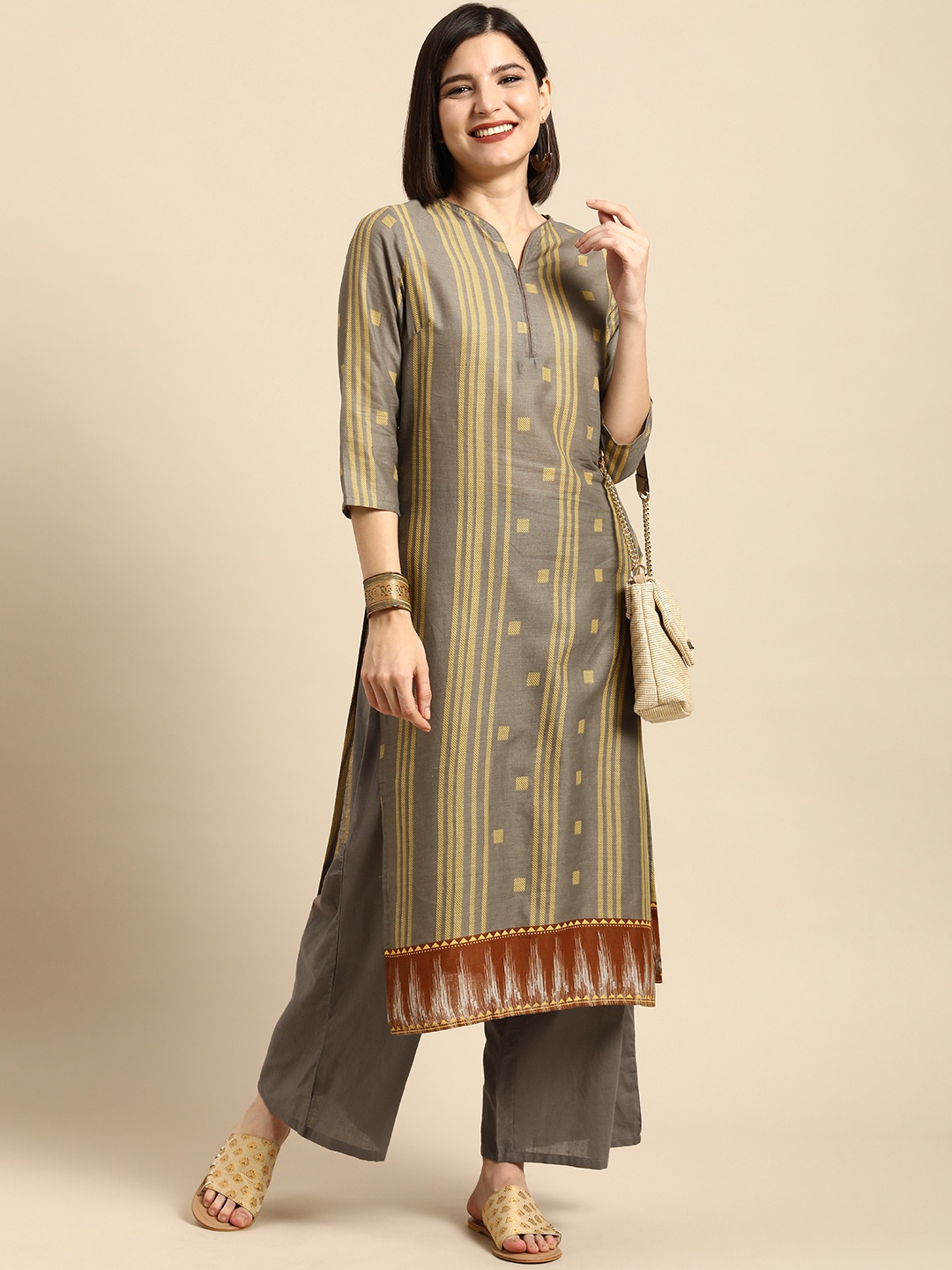 

Anouk Women Grey Printed Pure Cotton Kurta with Trousers