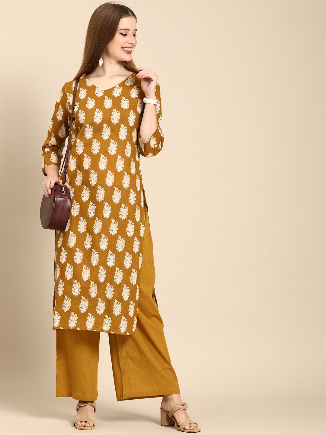 

Anouk Women Brown Ethnic Motifs Printed Pure Cotton Kurta with Palazzos