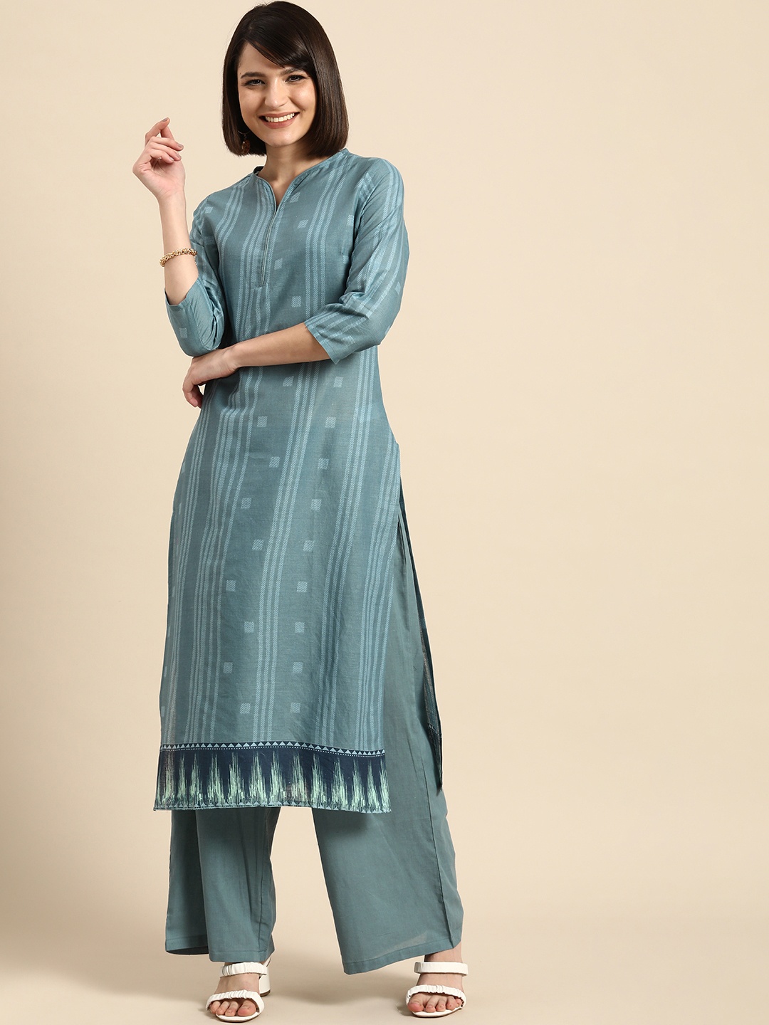 

Anouk Women Grey Printed Pure Cotton Kurta with Palazzos