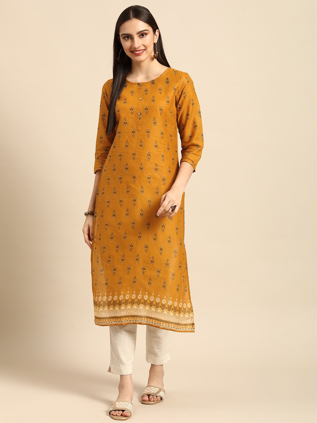 

Anouk Women Mustard Yellow Ethnic Motifs Printed Pure Cotton Straight Kurta