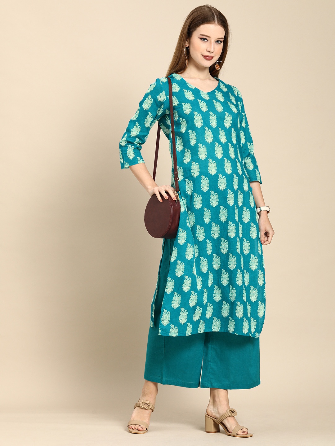 

Anouk Women Teal Blue Ethnic Motifs Printed Pure Cotton Kurta with Palazzos