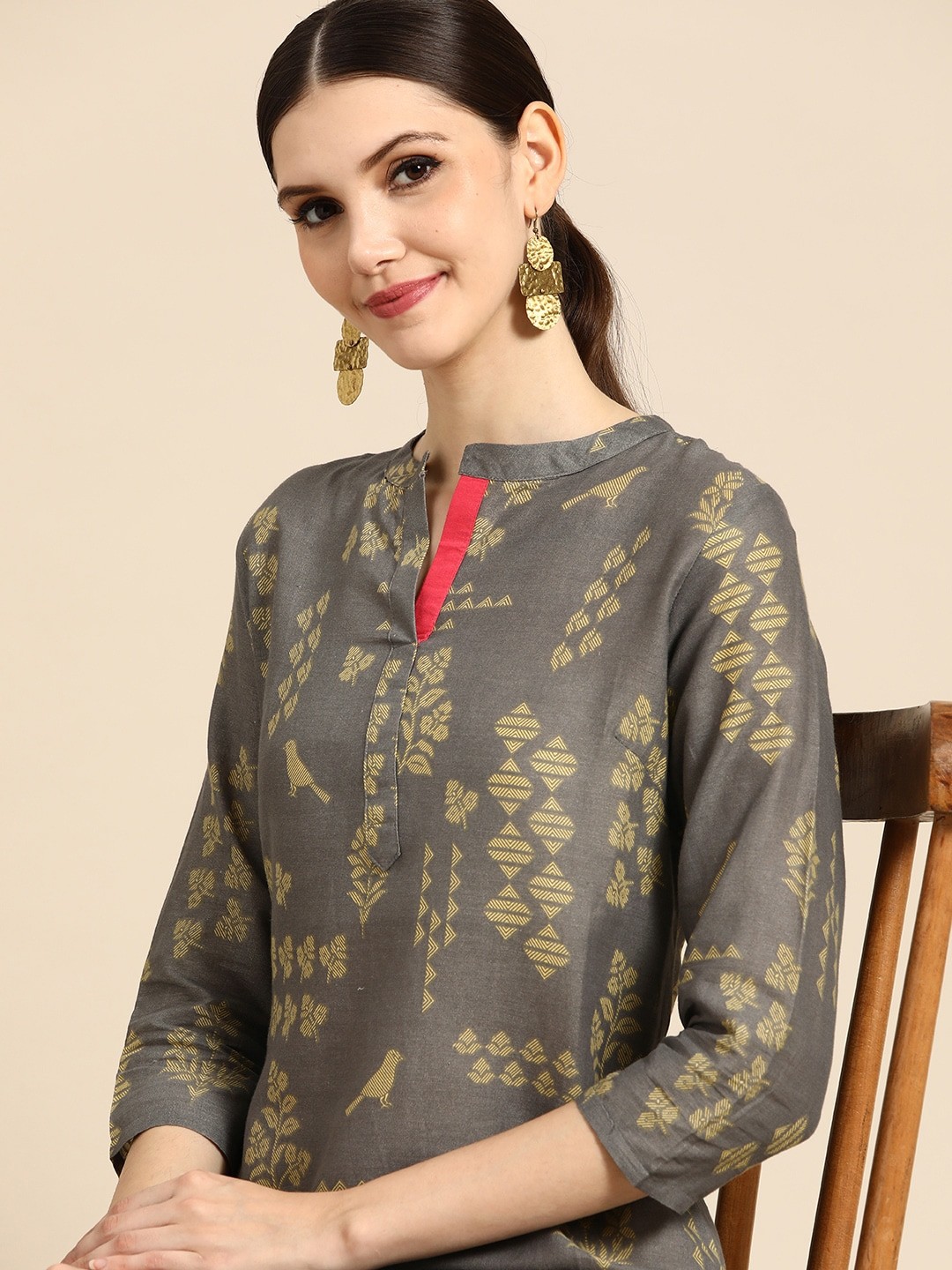 

Anouk Women Grey & Yellow Pure Cotton Ethnic Motifs Printed Kurta