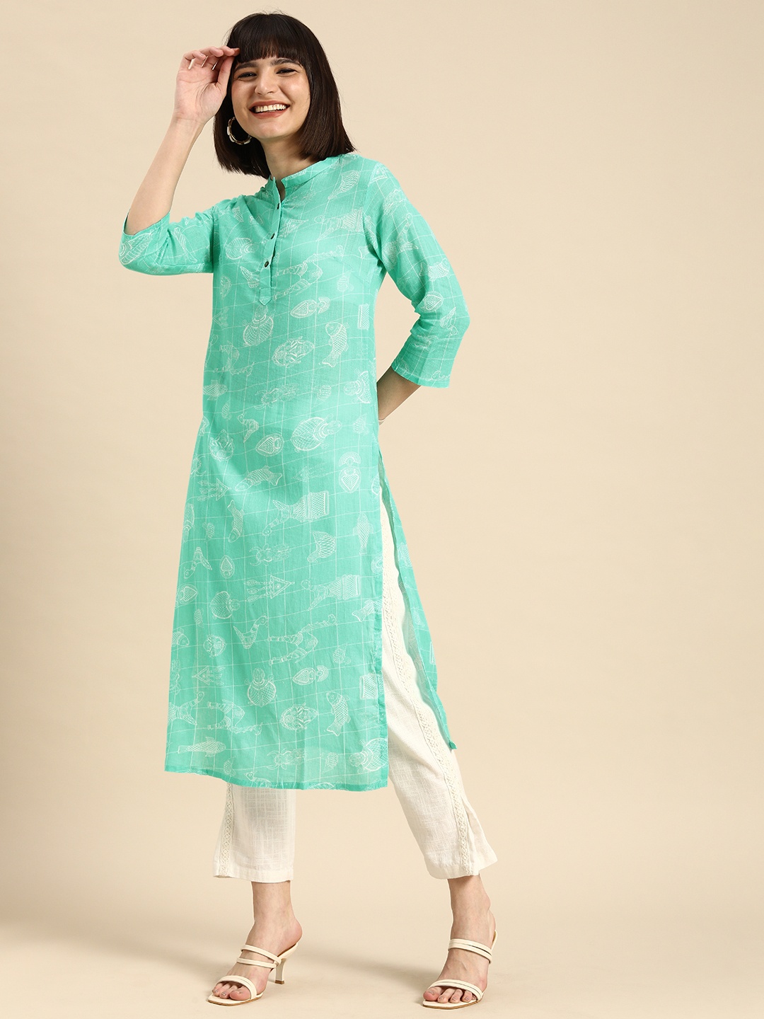 

Anouk Women Sea Green & White Ethnic Motifs Printed Kurta