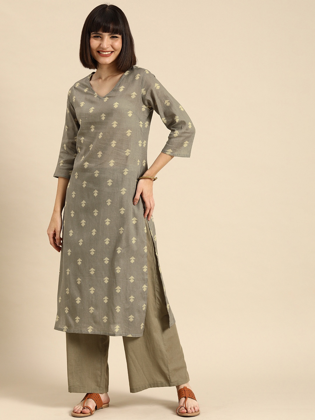 

Anouk Women Grey Printed Pure Cotton Kurta with Palazzos