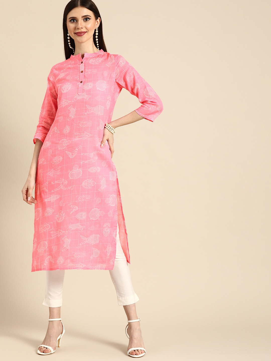 

Anouk Women Pink & White Checked And Printed Pure Cotton Straight Kurta