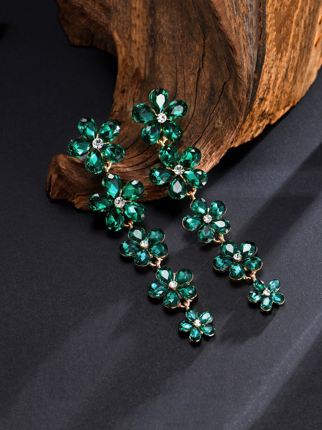 

Yellow Chimes Gold-Plated Green Crystal-Studded Floral Drop Earrings