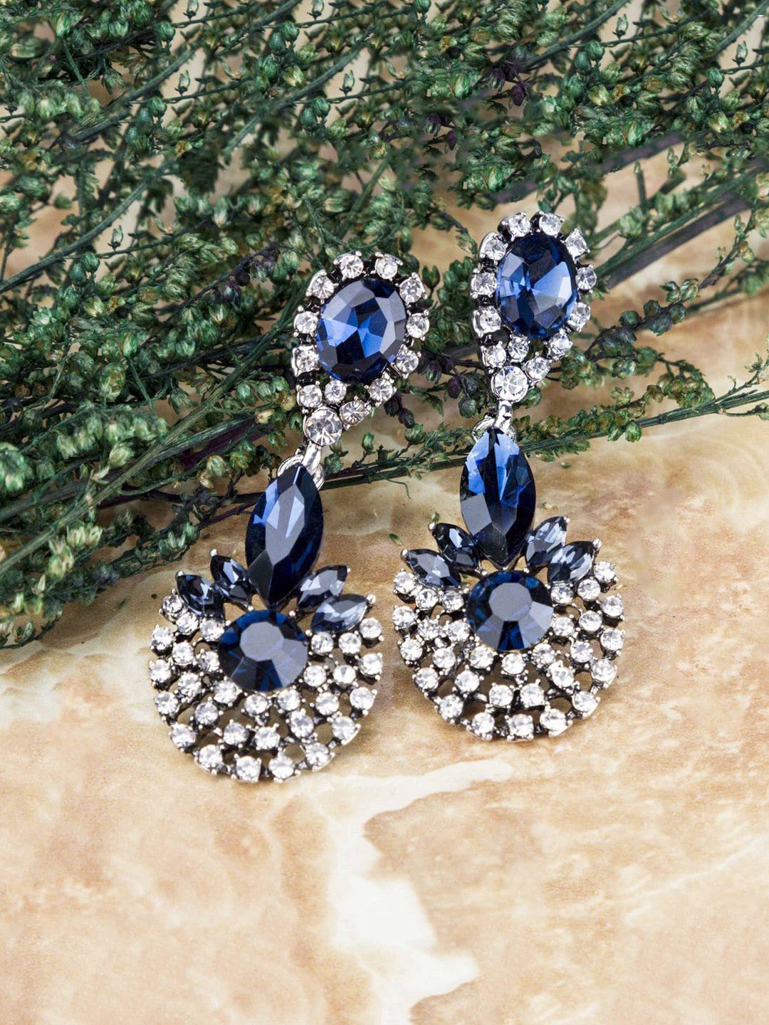 

Yellow Chimes Blue & White Silver-Plated Contemporary Crystal Drop Earrings