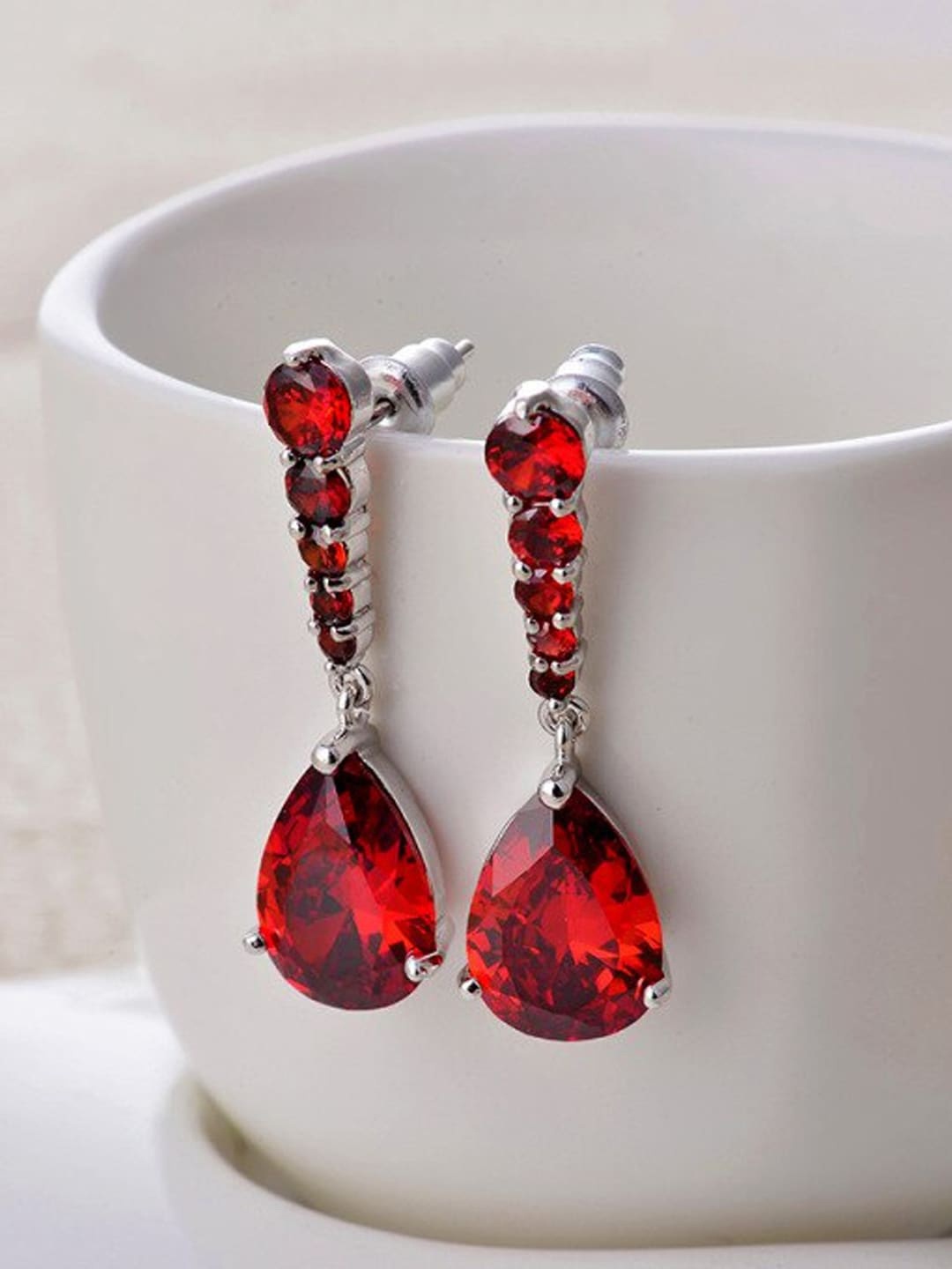 

Yellow Chimes Silver-Plated & Red Teardrop Shaped Drop Earrings