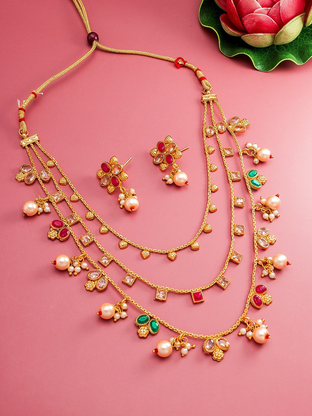 

aadita Gold-Plated White & Pink Stone-Studded & Pearl Beaded Layered Jewellery Set