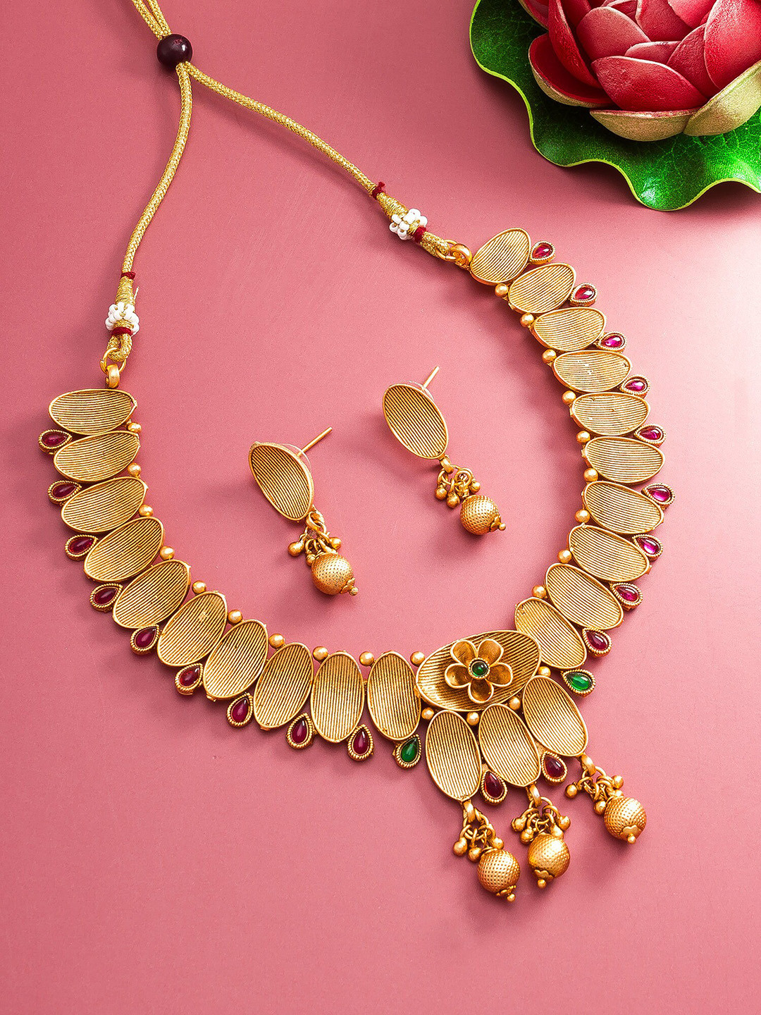 

aadita Women Gold-Plated Pink & Green Stone-Studded & Beaded Jewellery Set