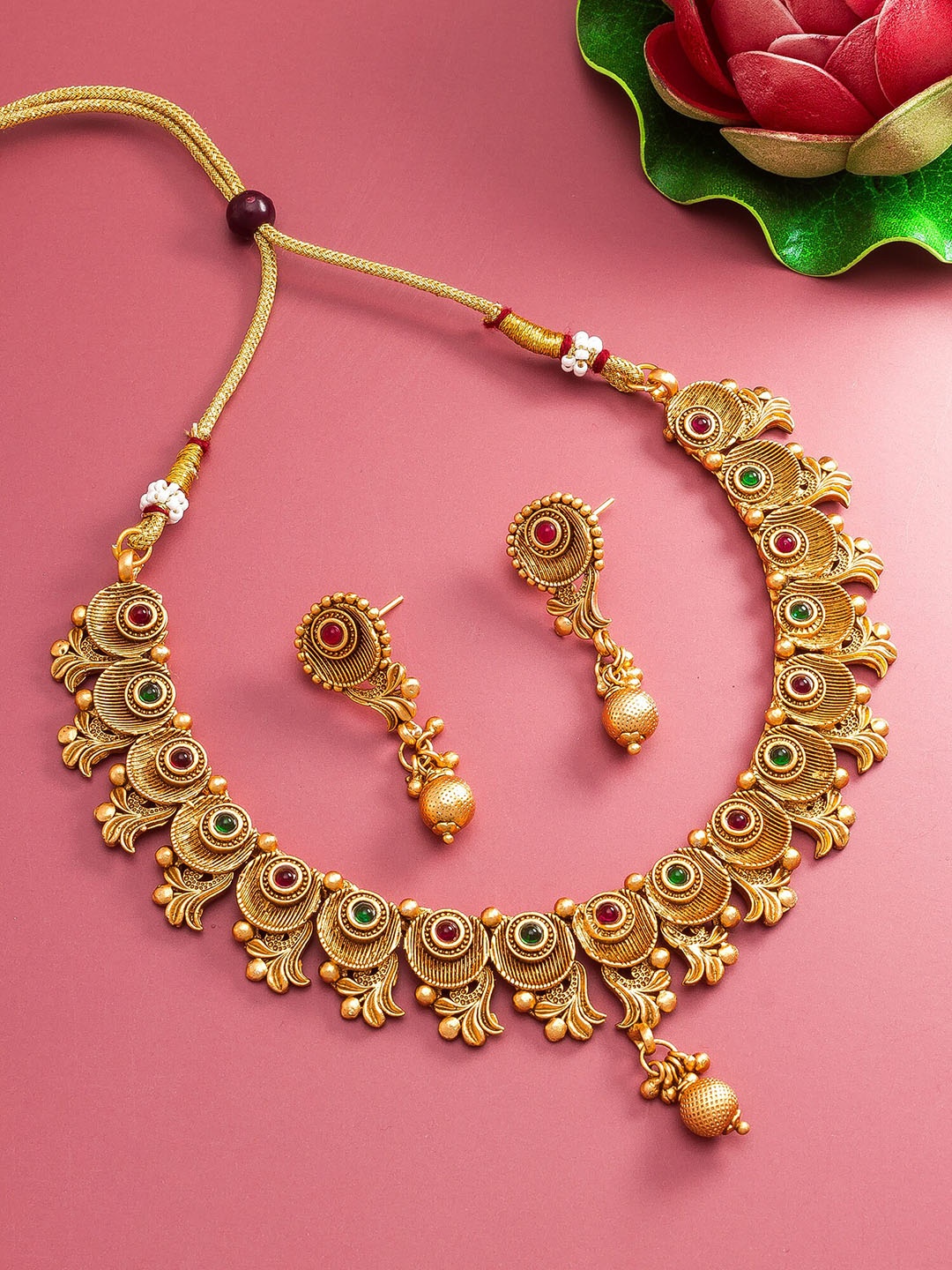 

aadita Women Gold-Plated Green & Pink Stone Studded Choker Jewellery Set