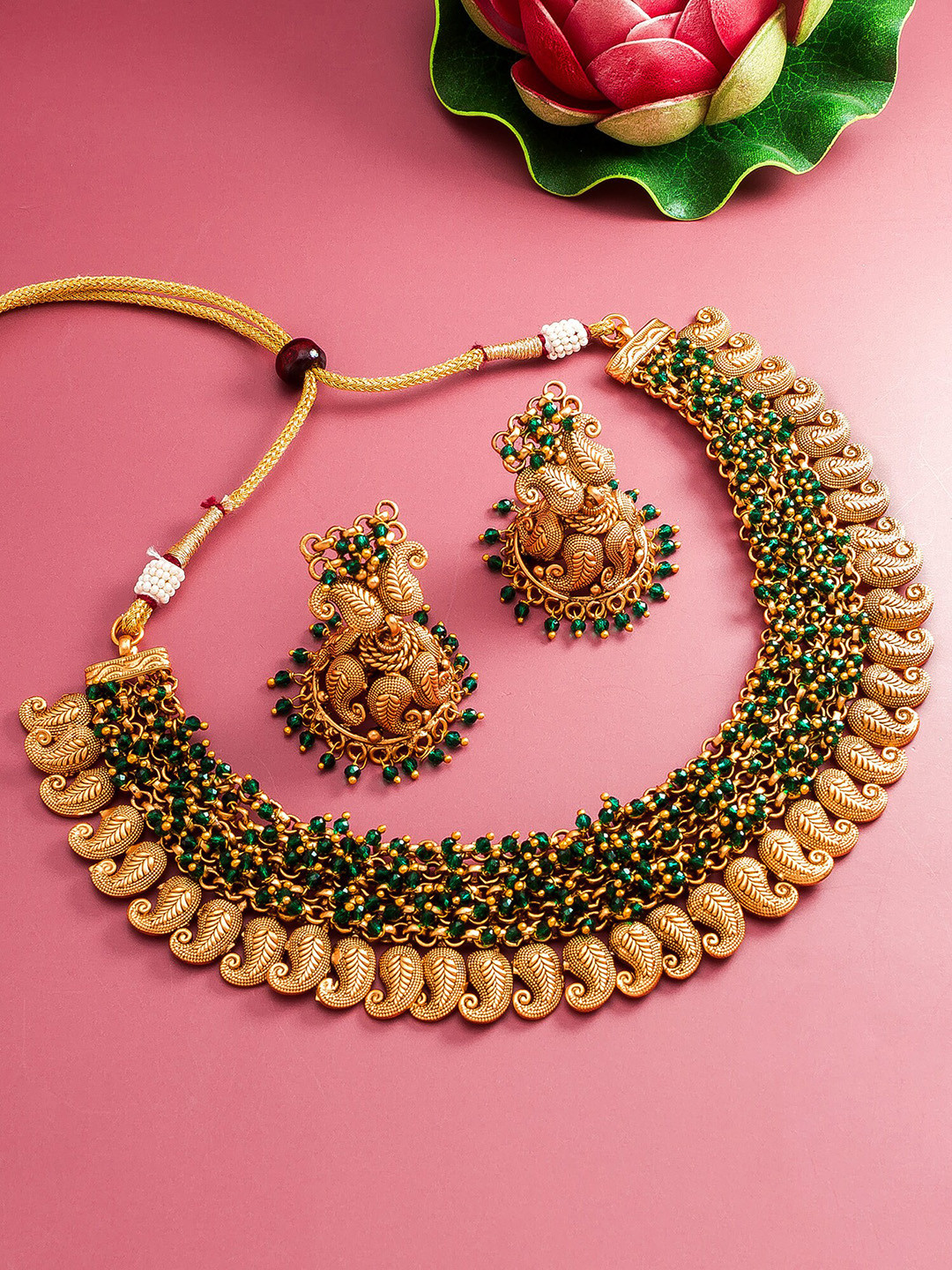 

aadita Gold-Plated Green Pearls Beaded Choker Jewellery Set