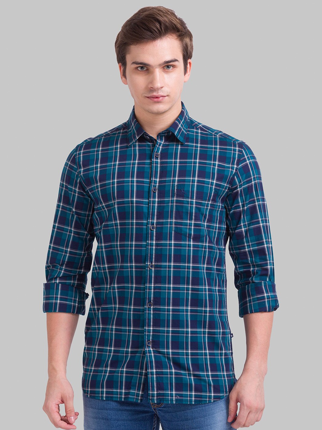 

Parx Men Blue & White Slim Fit Tartan Checks Checked Cotton Casual Shirt