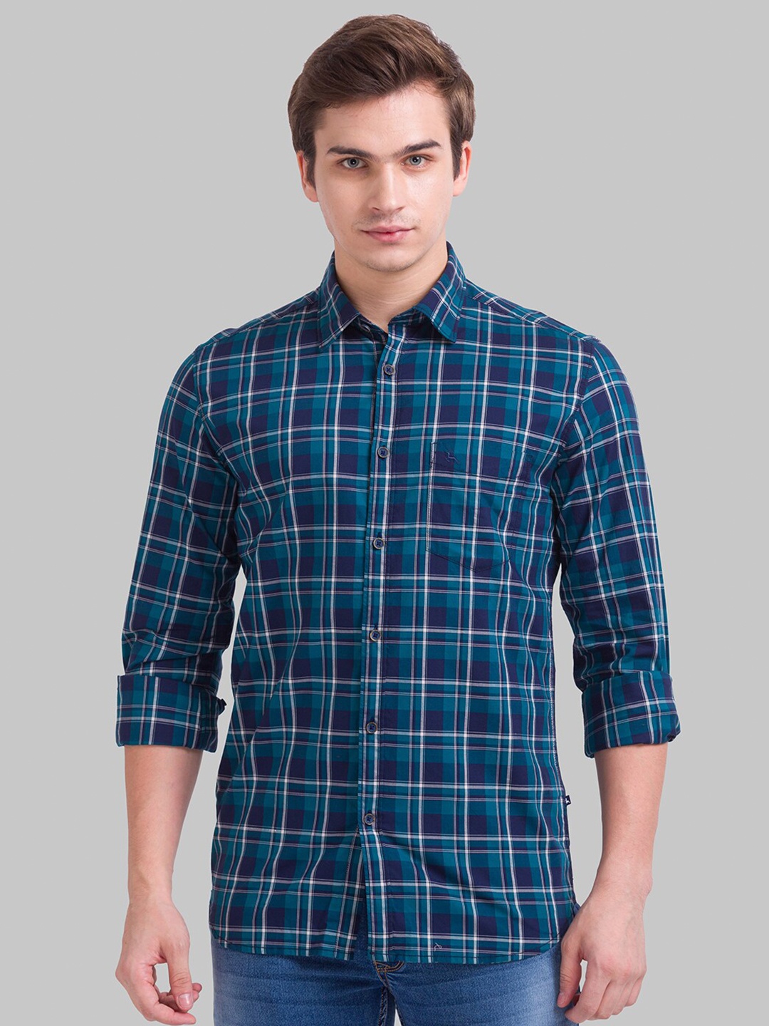 

Parx Men Blue Slim Fit Tartan Checked Cotton Casual Shirt