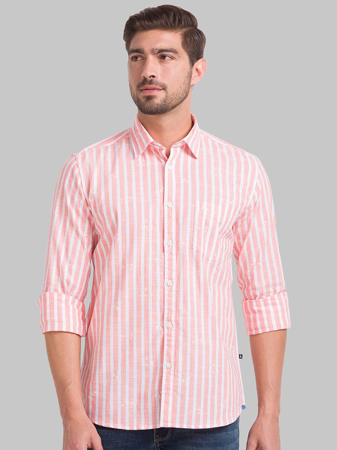 

Parx Men Peach & White Striped Slim Fit Casual Cotton Shirt