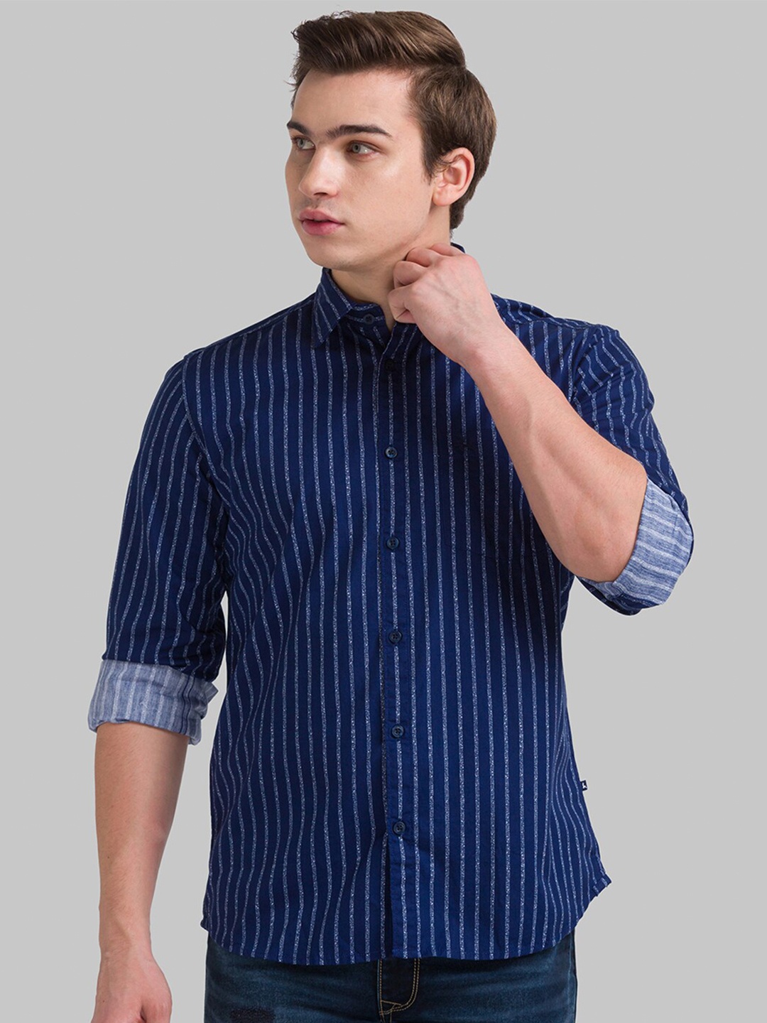 

Parx Men Blue Slim Fit Striped Cotton Casual Shirt