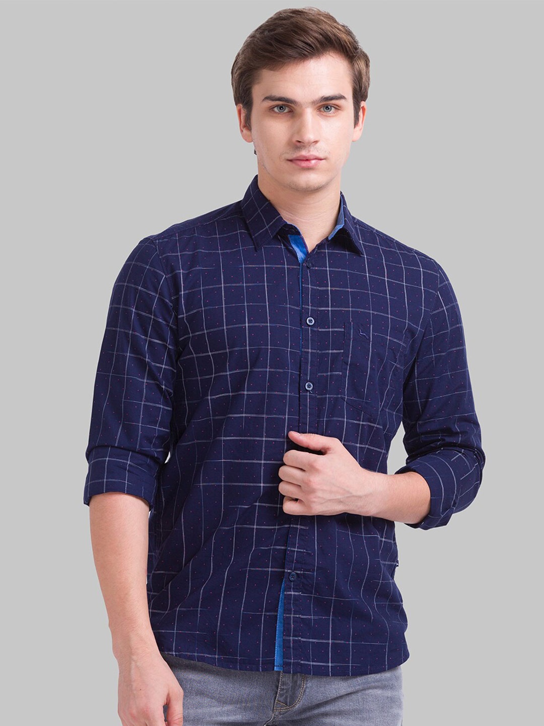 

Parx Men Blue Slim Fit Windowpane Checks Checked Cotton Casual Shirt