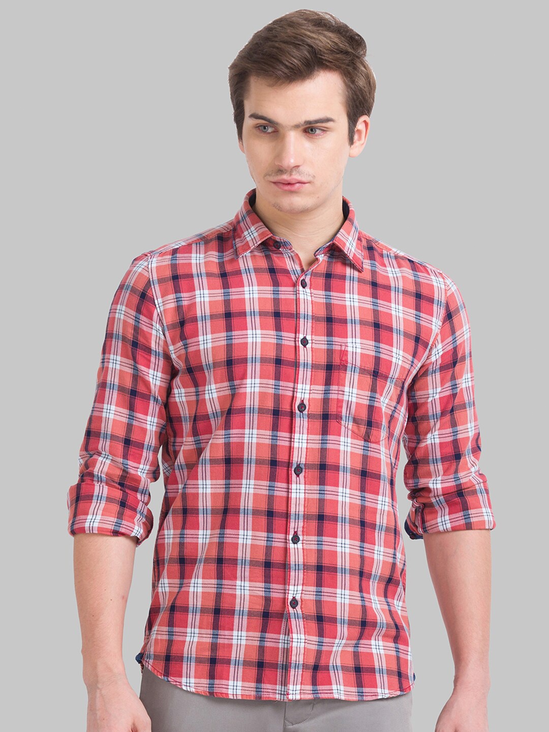 

Parx Men Red Slim Fit Tartan Checks Checked Cotton Casual Shirt