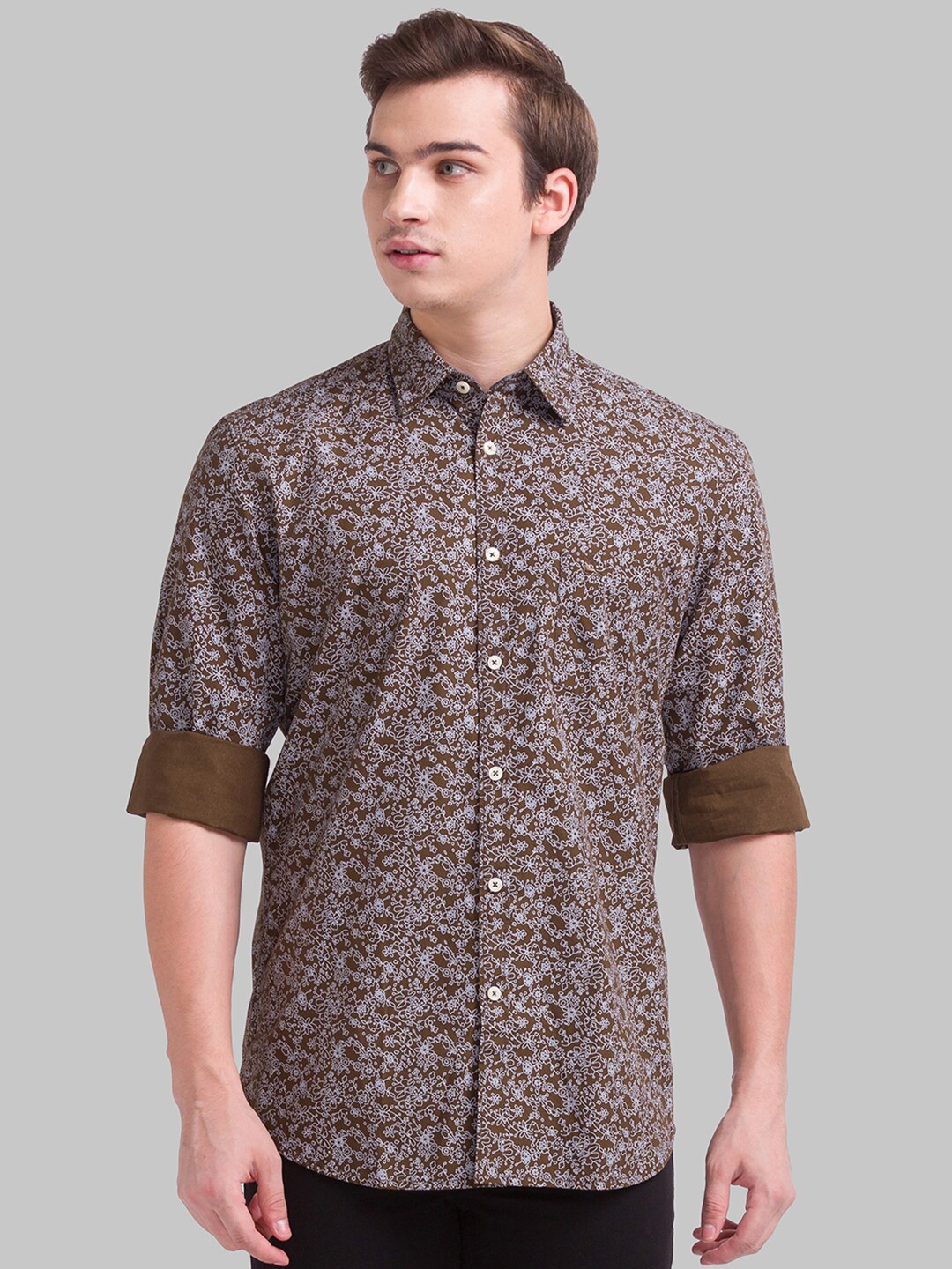 

Parx Men Brown & White Slim Fit Floral Printed Cotton Casual Shirt