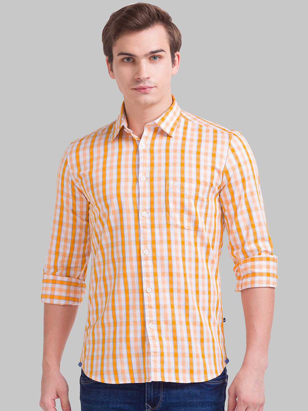 

Parx Men Orange Checked Slim Fit Casual Cotton Shirt