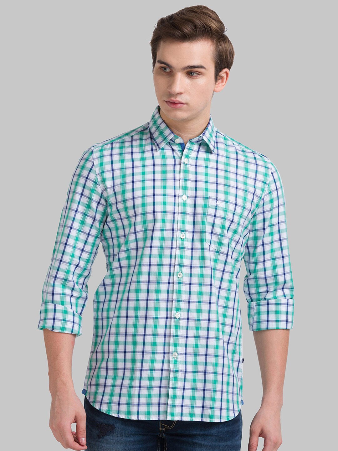 

Parx Men Green Slim Fit Checked Cotton Casual Shirt
