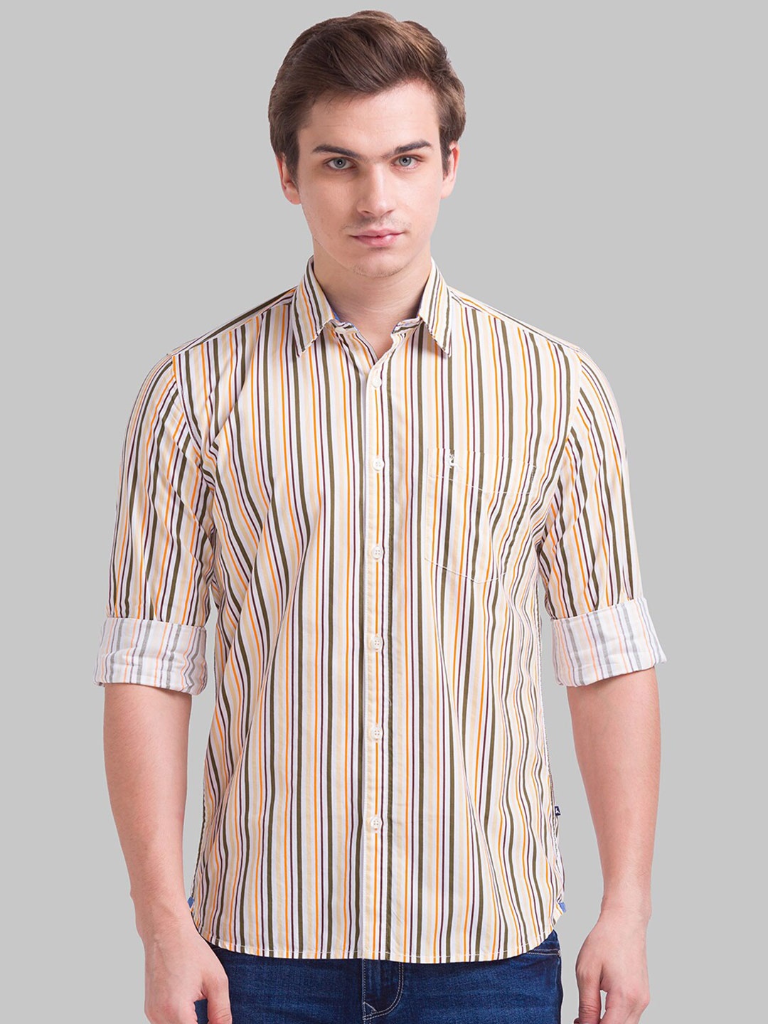 

Parx Men Orange Slim Fit Striped Cotton Casual Shirt