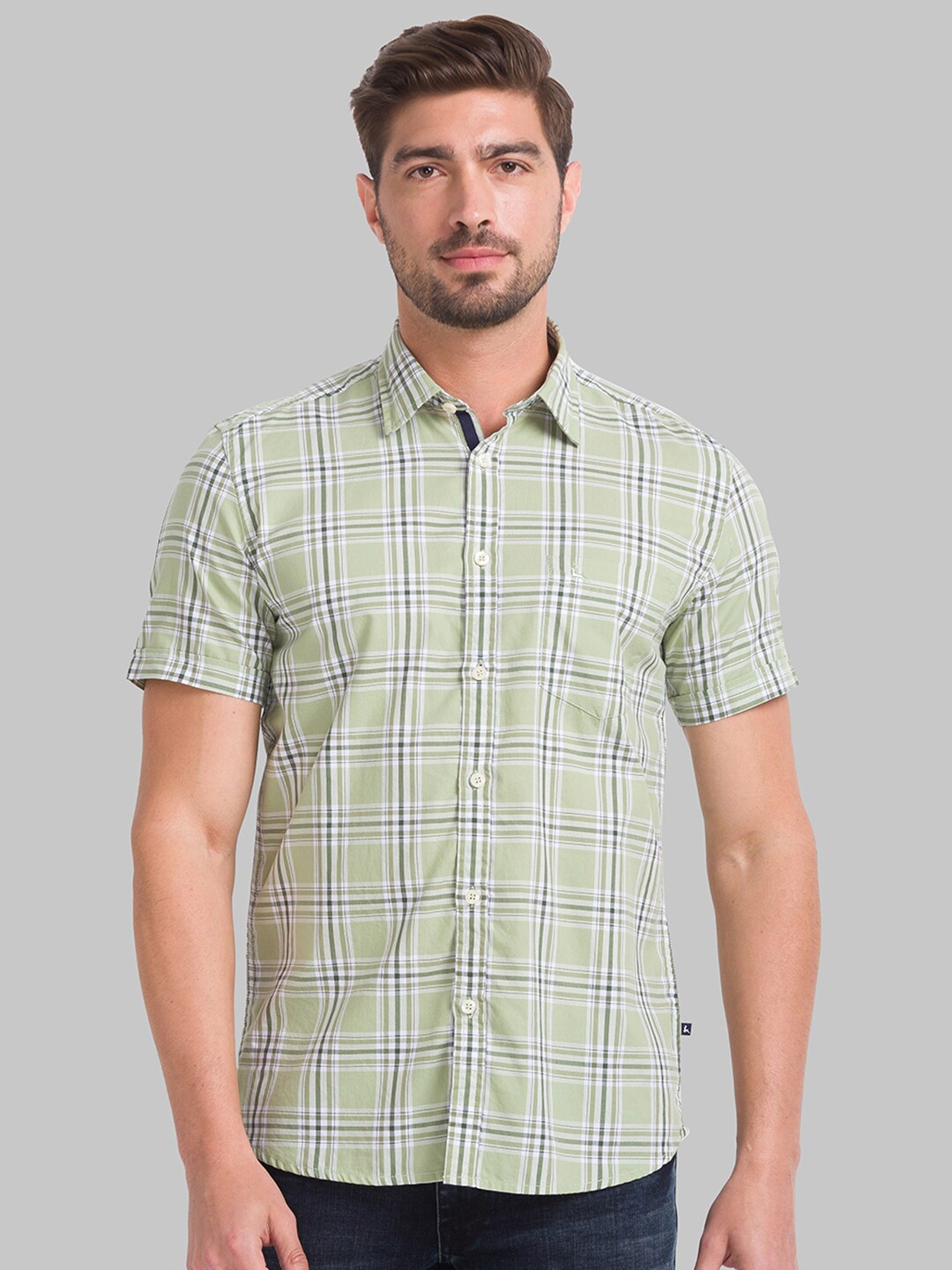 

Parx Men Green Slim Fit Checked Cotton Casual Shirt