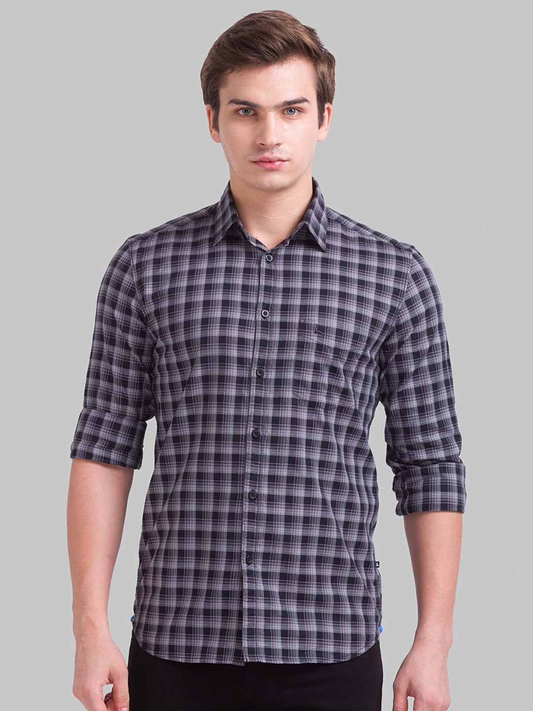 

Parx Men Black & Grey Slim Fit Checked Casual Cotton Shirt