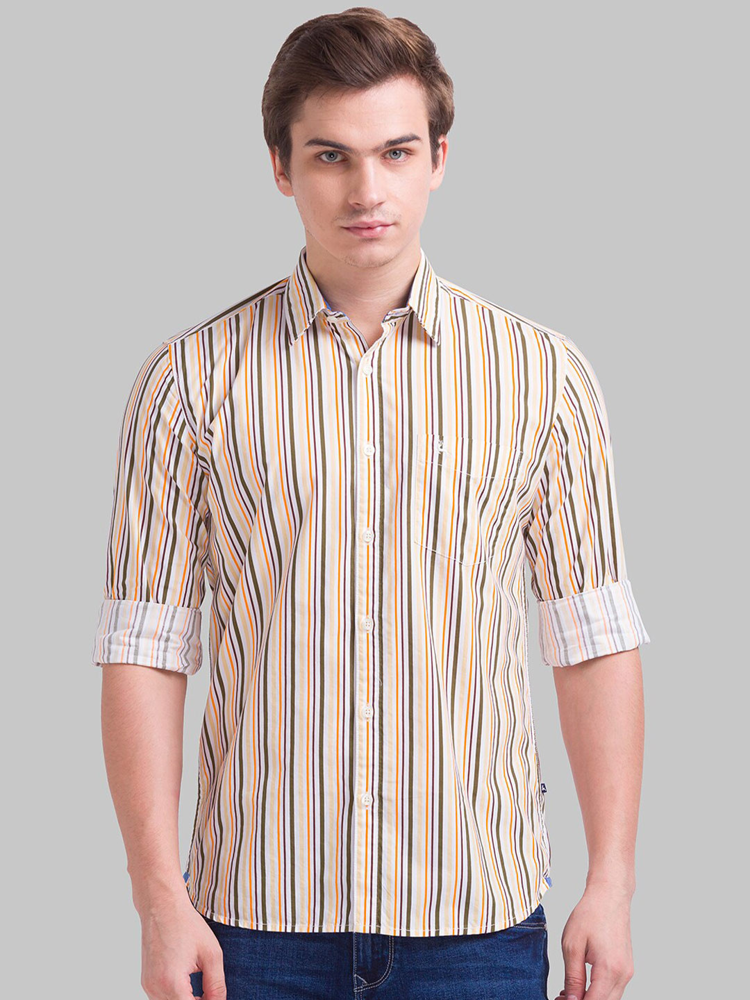 

Parx Men Orange Slim Fit Striped Cotton Casual Shirt