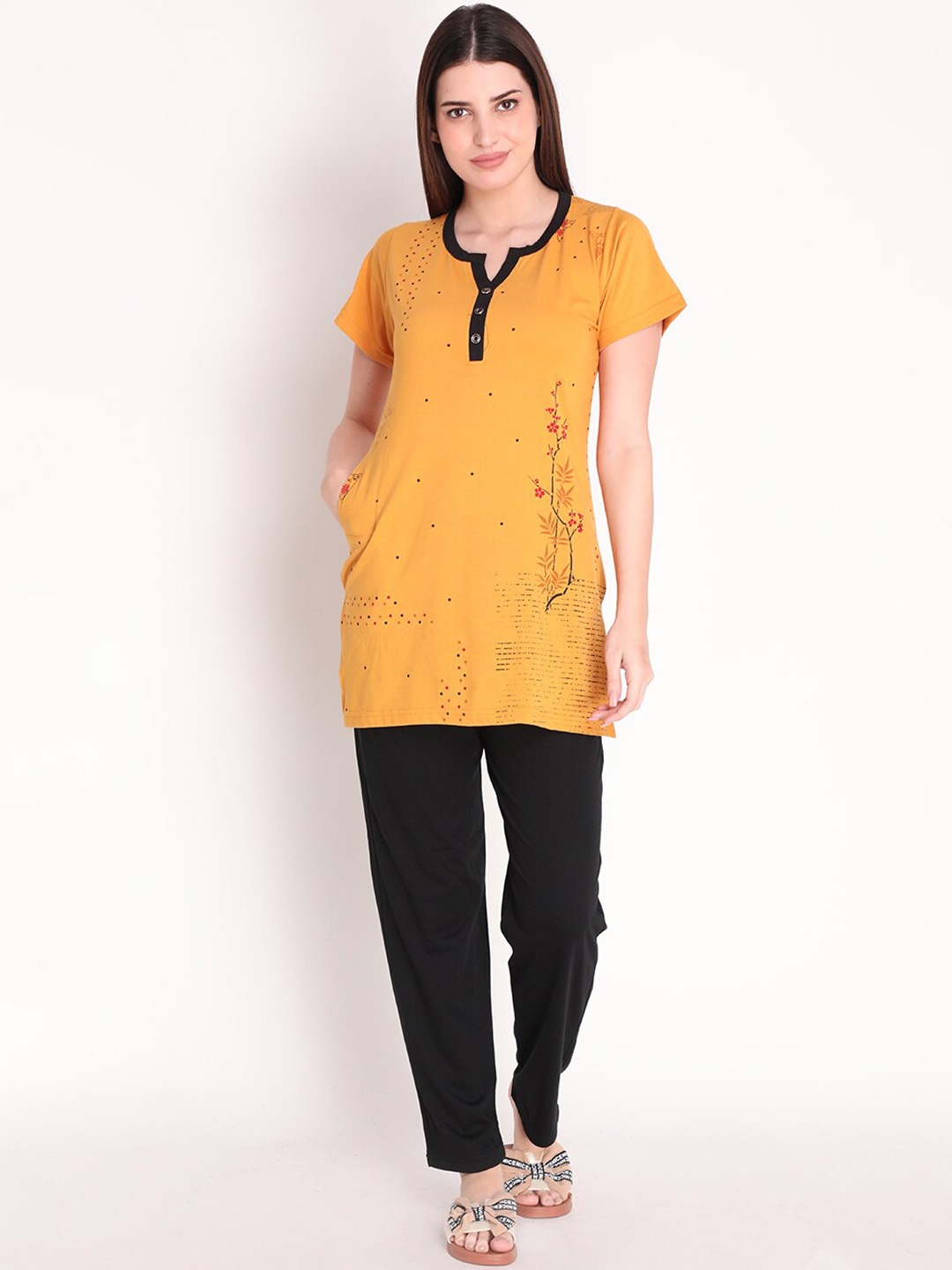

Duchess Women Mustard & Black Printed Cotton Blend Night suit