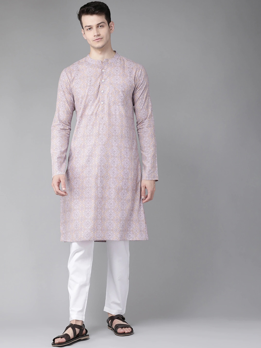 

See Designs Men Peach & Purple Ethnic motif Printed Handloom Straight Cotton Kurta