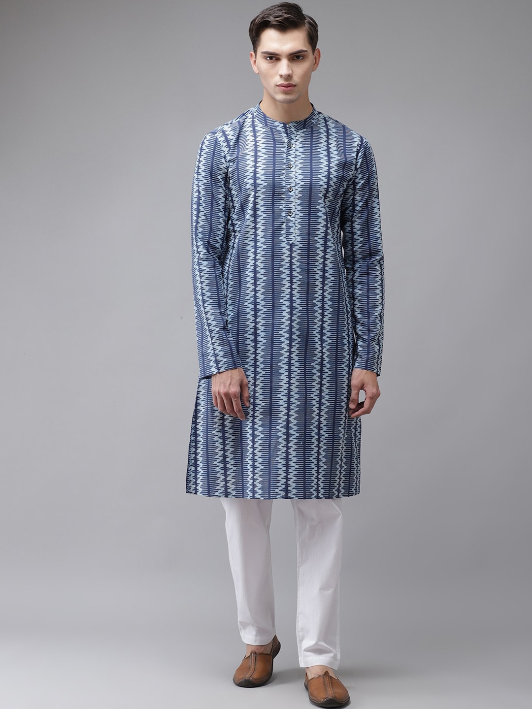 

See Designs Men Blue Striped Cotton Kurta