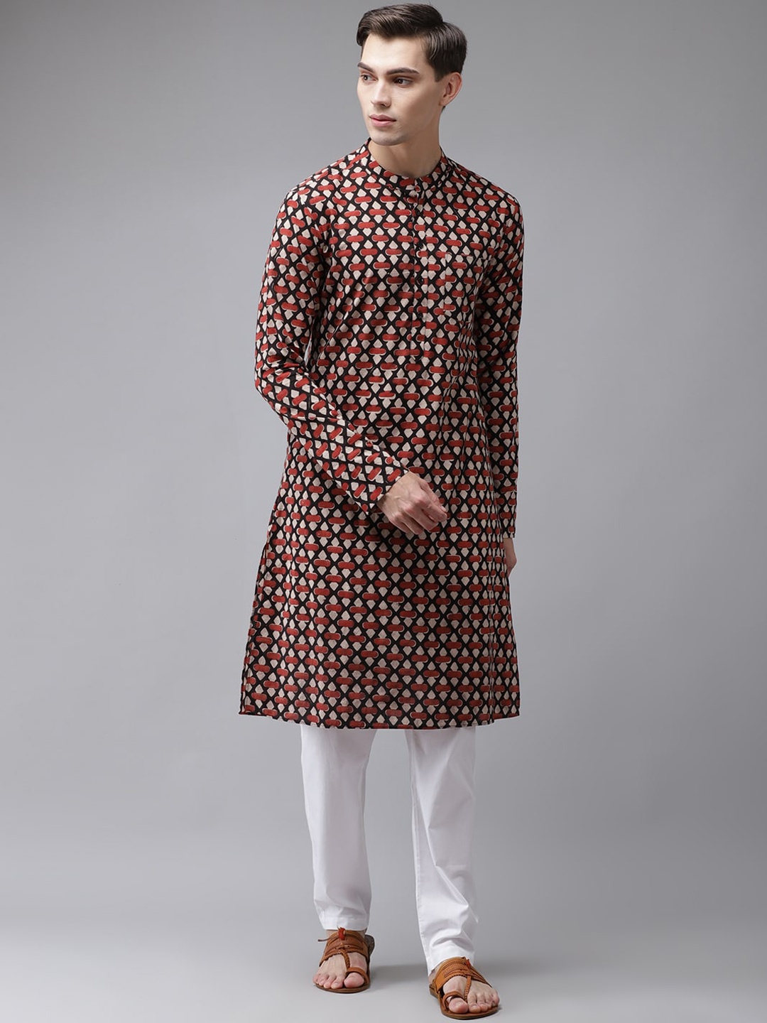 

See Designs Men Black & Red Geometric Block Printed Pure Cotton Kurta