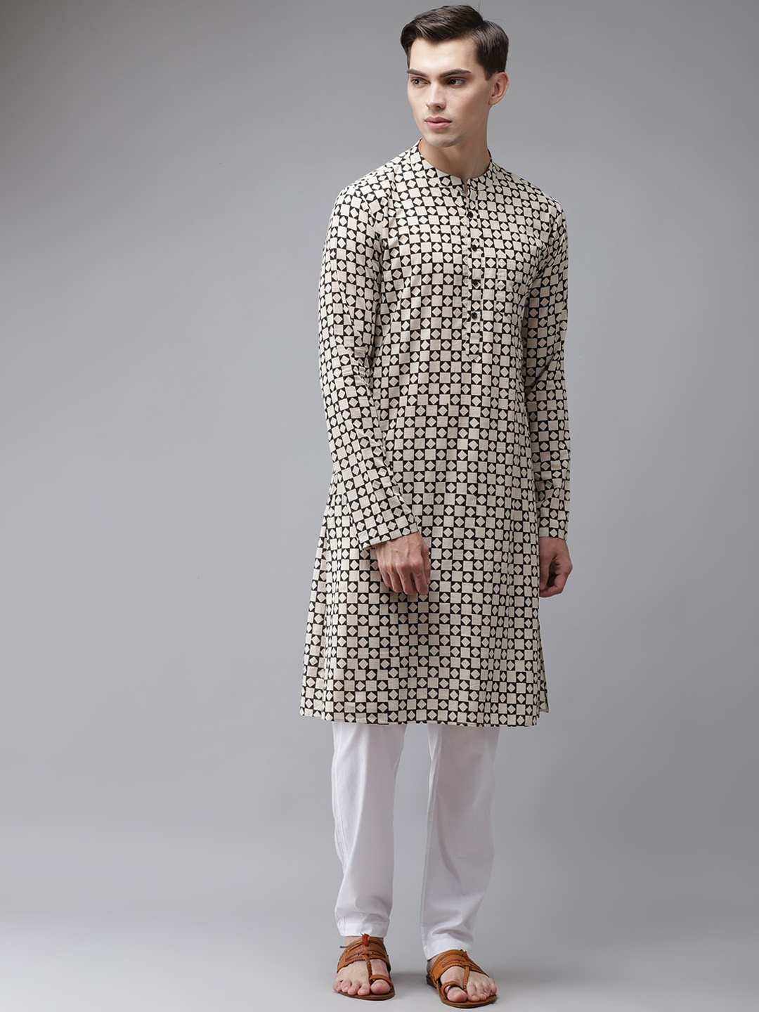 

See Designs Men Beige & White Cotton Printed Kurta