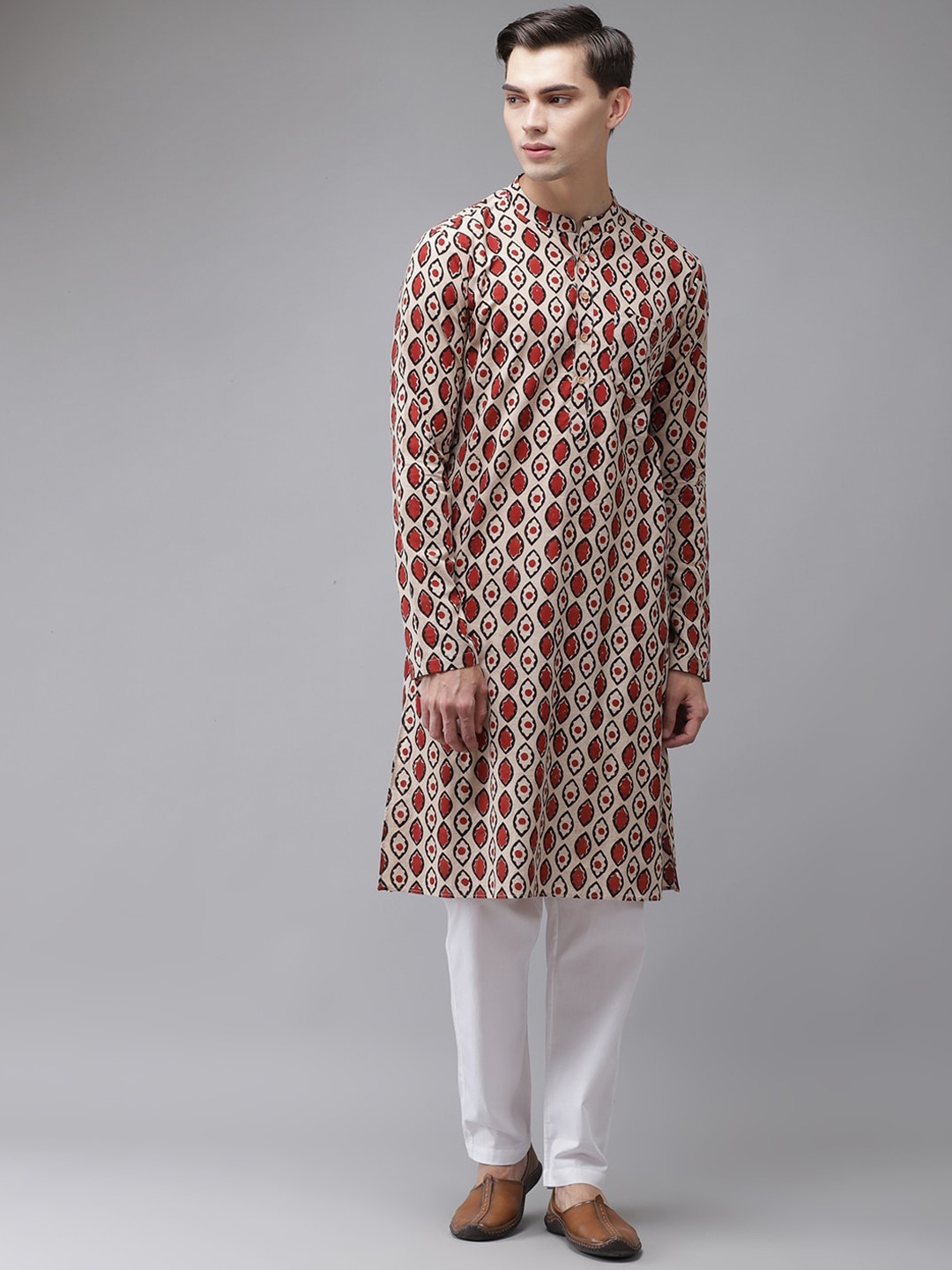 

See Designs Men Beige & Red Geometric Printed Pure Cotton Kurta