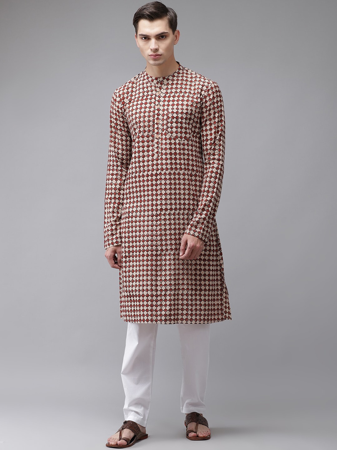 

See Designs Men Beige Checked Block Print Cotton Straight Kurta