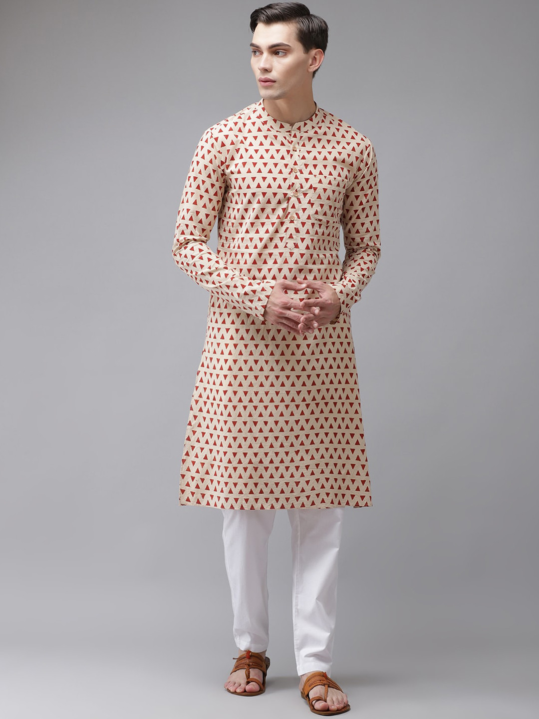 

See Designs Men Beige & Red Ethnic Motifs Printed Handloom Kurta