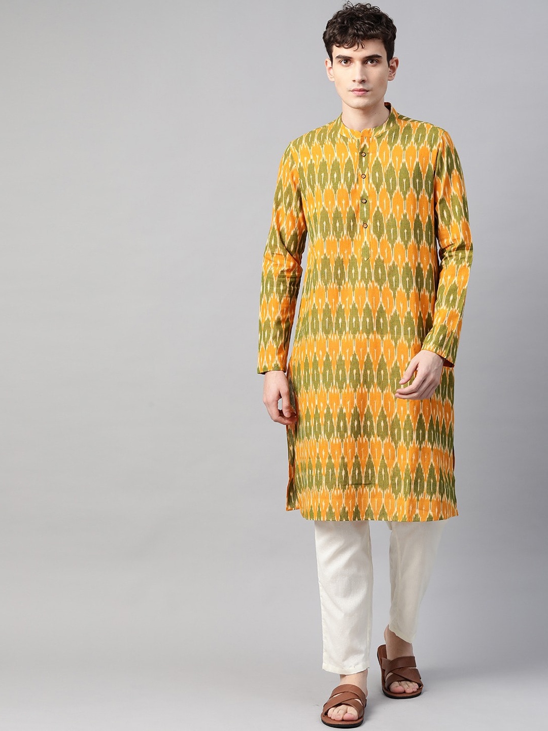 

See Designs Men Mustard Yellow Thread Work Handloom Kurta