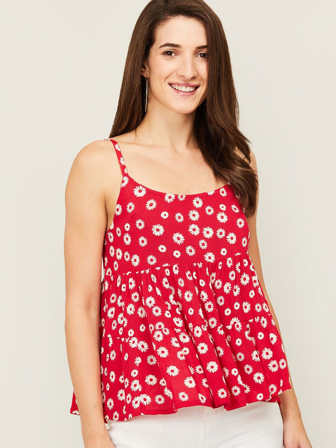 

Ginger by Lifestyle Red & White Floral Printed Empire Top