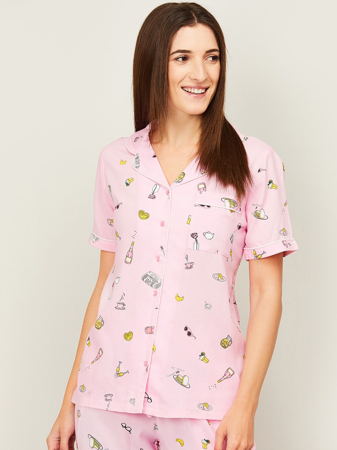 

Ginger by Lifestyle Pink & Yellow Conversational Print Shirt Style Lounge Top
