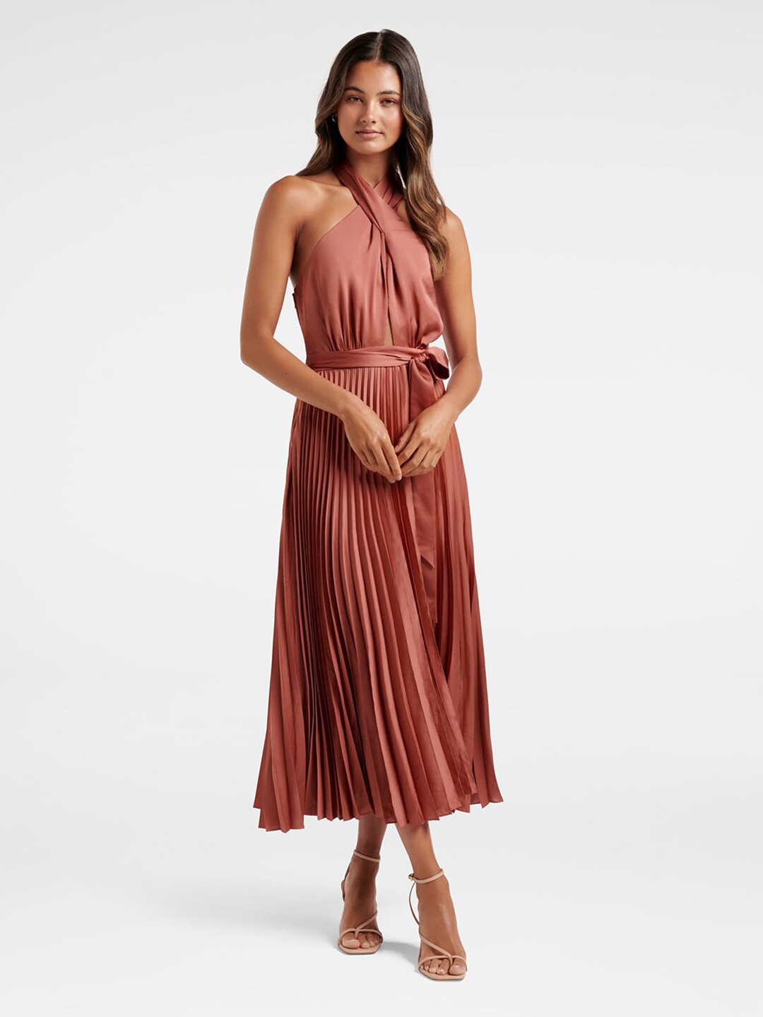 

Forever New Rust Striped Halter Neck Satin Maxi Midi Dress