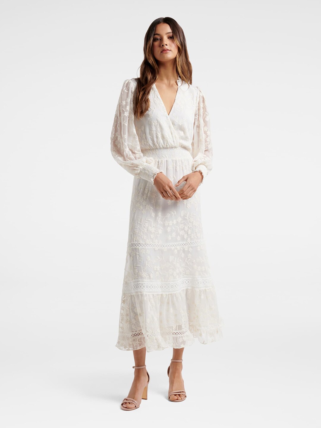 

Forever New Women White Embroidered Wrap Dress