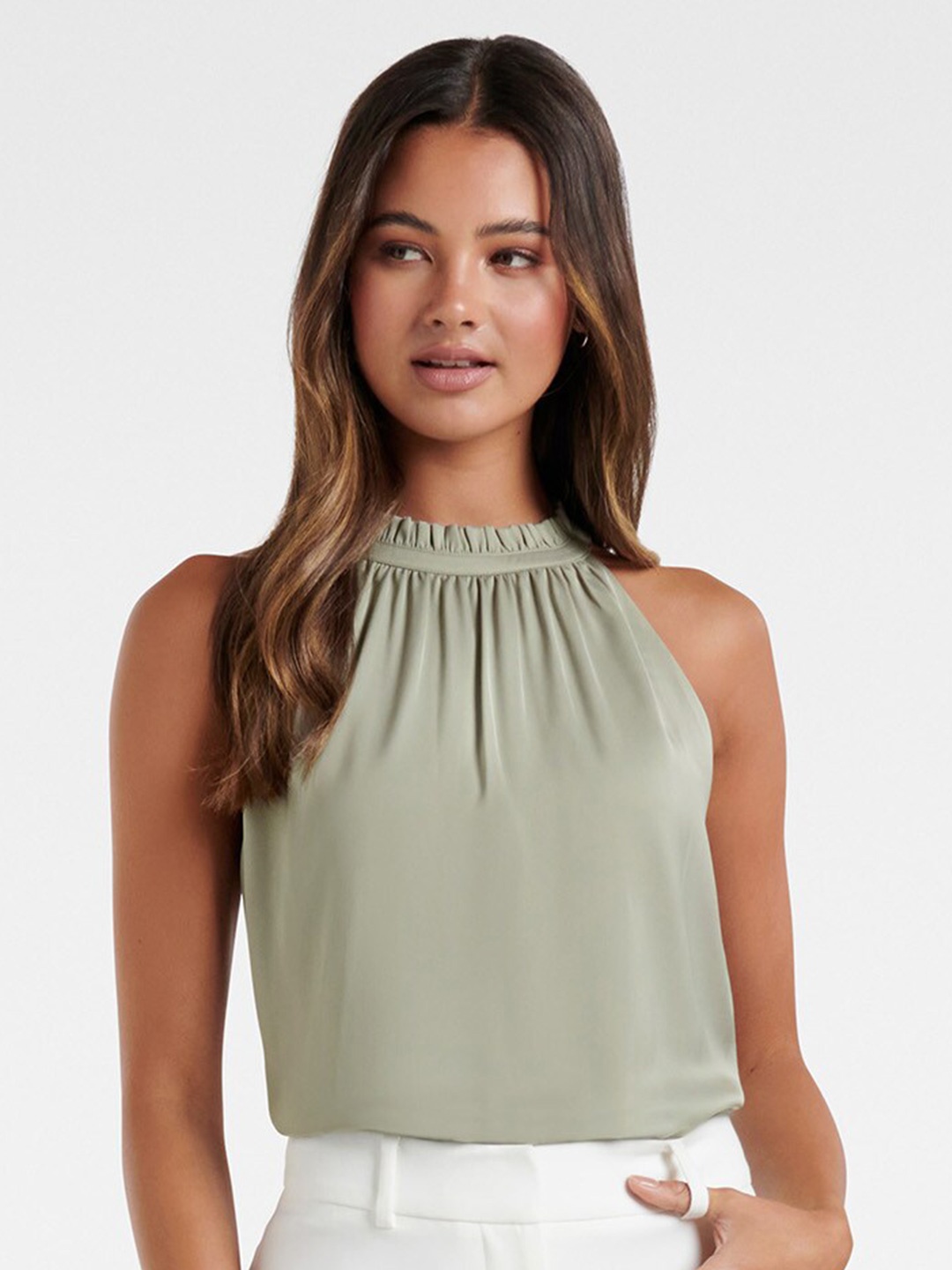 

Forever New Women Green Solid High Neck Top
