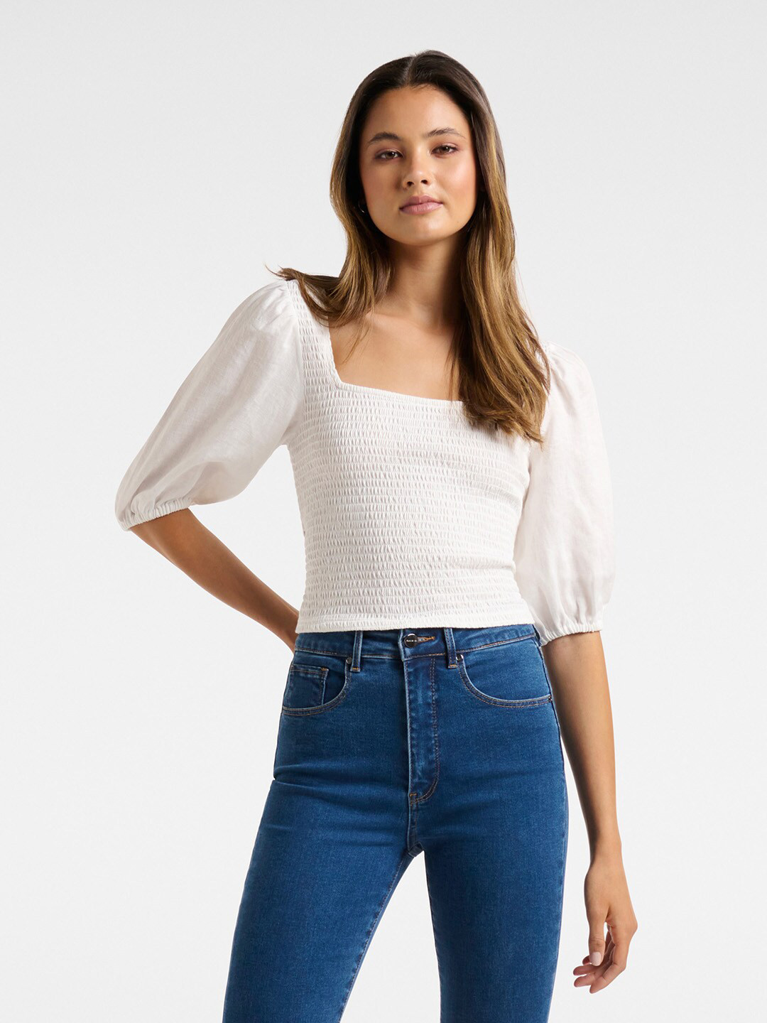 

Forever New White Crop Smocked Tie Back Top