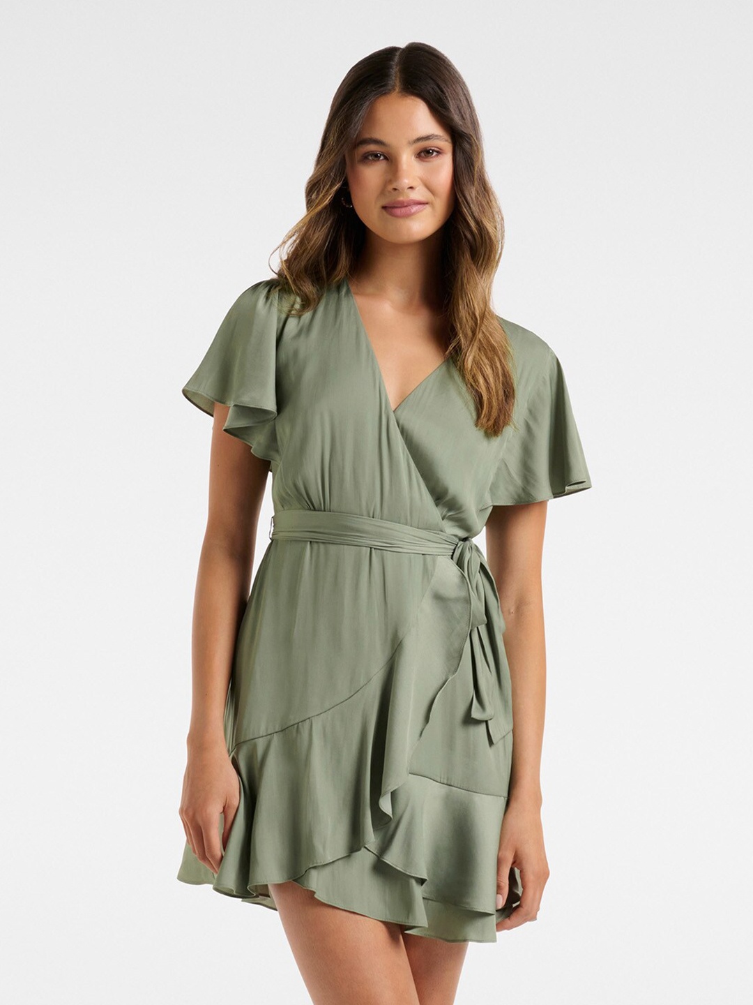 

Forever New Green Mini Solid Wrap Skater Dress