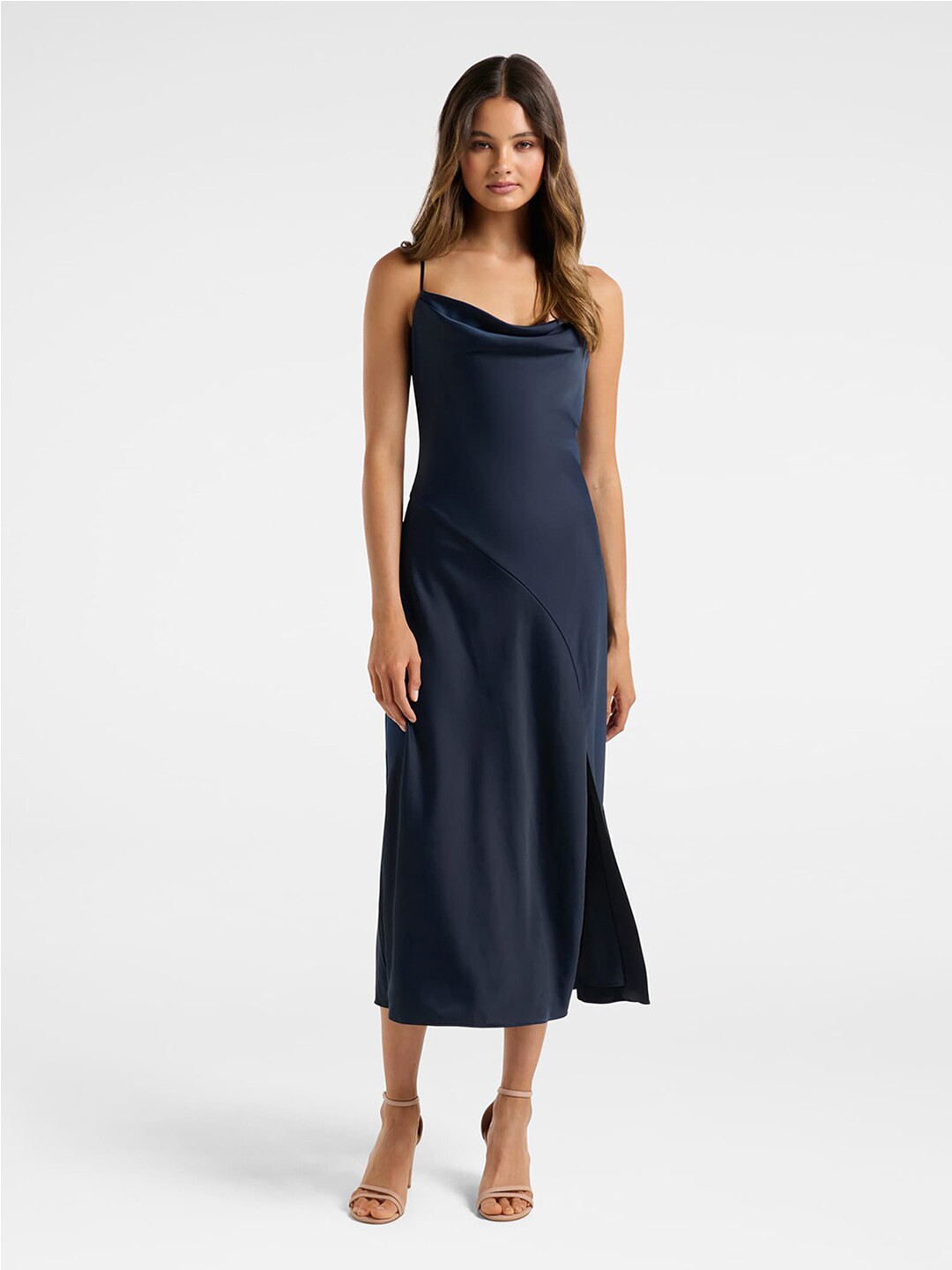 

Forever New Navy Blue Satin A-Line Midi Dress